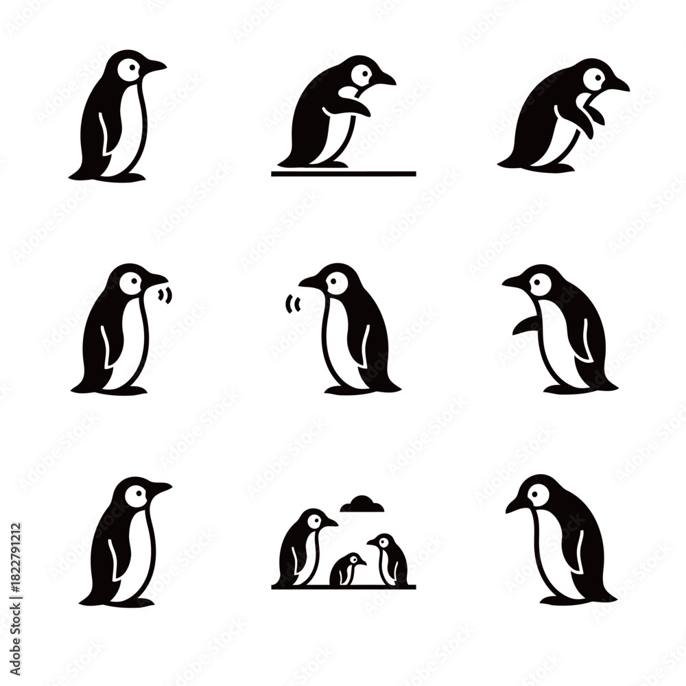 Fototapeta premium Simple Penguin Icons Set Showing Standing, Talking, and Family Silhouettes