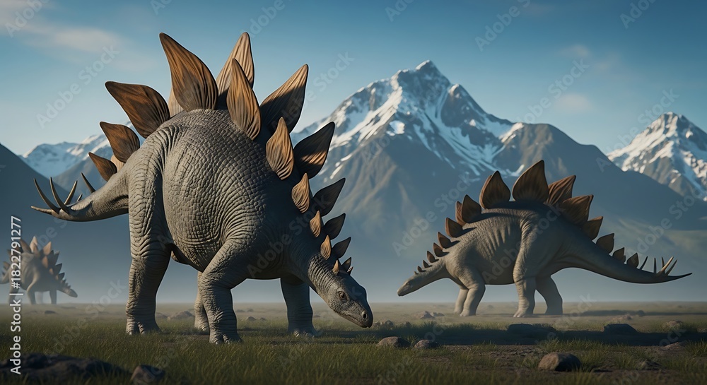 Fototapeta premium Stegosaurus Dinosaurs Grazing in a Prehistoric Landscape with Mountains.