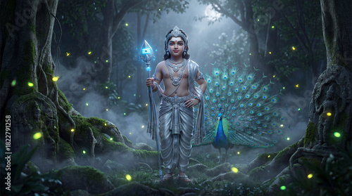 Divine child murugan, also known as kartikeya, in a serene, mystical forest with a peacock