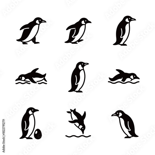 Diverse Penguin Icons Set: Walking, Swimming, Diving, and Egg Silhouette Collection