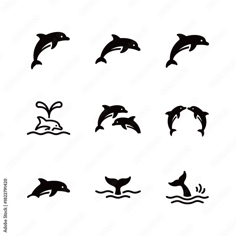 Obraz premium Black Silhouette Dolphin Symbol Collection Showing Movement and Interaction