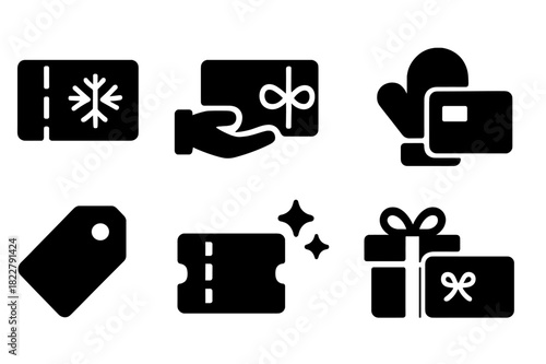 Holiday Vouchers Icons. Holiday vouchers. Filled icon set of holiday vouchers: voucher with snowflake, hand