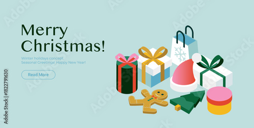 Merry Christmas Isometric Website Banner. Vector Illustration of Isomerty Winter Objects. Seasonal Greetings. Holiday Present. Happy New Year.