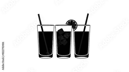 Vector illustration of three tall glasses with dark beverage, straw, ice cube, and lemon slice isolated on transparent background