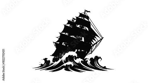 Vector illustration of black and white illustration of a vintage sailing ship navigating through large ocean waves, isolated on transparent background