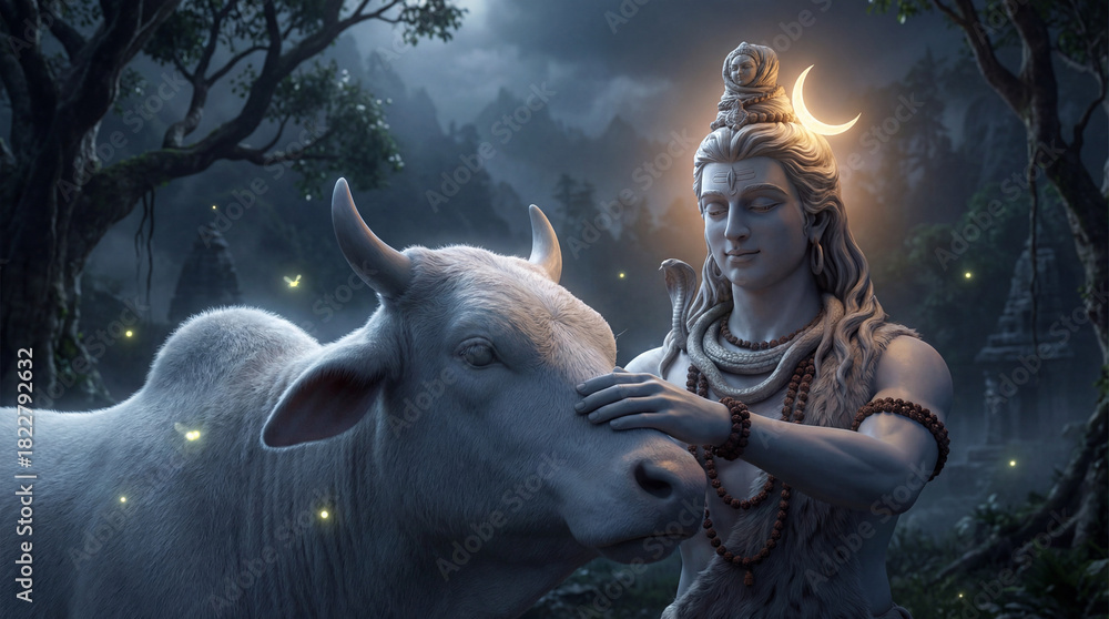 Naklejka premium Divine lord shiva with his sacred bull nandi in a serene, mystical forest under a glowing crescent moon