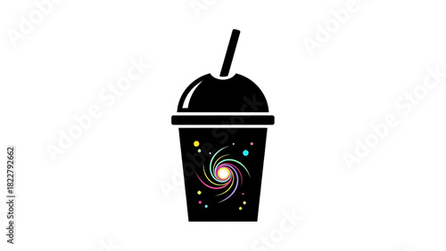 Vector illustration of black silhouette of a cold drink cup with a colorful galaxy spiral design inside, isolated on transparent background