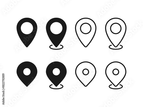 Pin marker with white dot isolated on white background. Set of Location map icons. Location pin