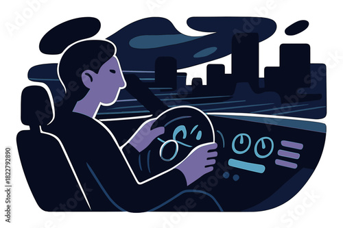 Night City Drive. Night Drive. Figure inside a car, dashboard lights glowing, city silhouettes passing by in