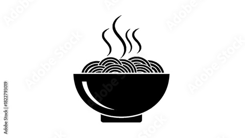Vector illustration of black and white simple icon of a steaming hot bowl of noodles isolated on transparent background