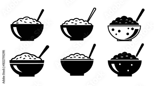 Vector illustration of set of six black and white icons representing bowls of rice or porridge with spoon, isolated on transparent background