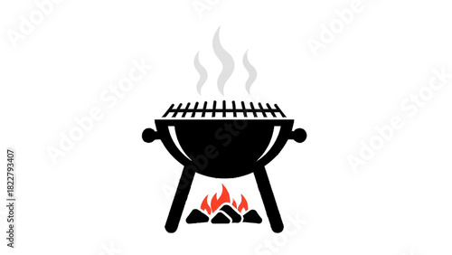 Vector illustration of black silhouette icon of a charcoal barbecue grill with hot fire and smoke isolated on transparent background