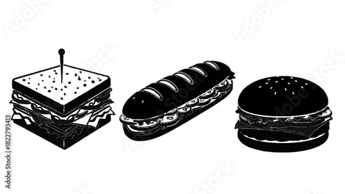 Vector illustration of black and white vector icons of a sandwich, submarine, and hamburger isolated on transparent background