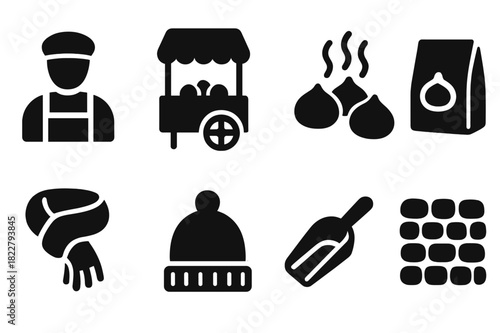 Cozy Street Snacks Icons. Cozy street food. Filled icon set of cozy street food: vendor, chestnut cart,