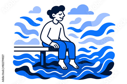 Serene Pier Meditation. Calm Ocean. Person sitting on a pier with legs dangling over still water, surrounded