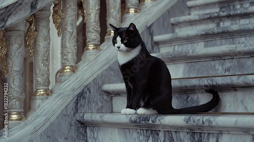 Fototapeta Naklejka Na Ścianę i Meble -  A black and white cat is sitting on a marble staircase