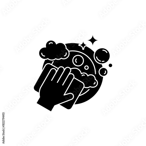 Clean dishes icon set. Shiny plate stack, cleaning wipes sponge soap bubbles and foam plate or glass , wash kitchen utensil, pile tableware, symbol, black, line, flat vector, isolated illustration.