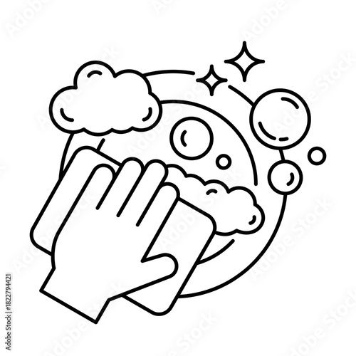 Clean dishes icon set. Shiny plate stack, cleaning wipes sponge soap bubbles and foam plate or glass , wash kitchen utensil, pile tableware, symbol, black, line, flat vector, isolated illustration.