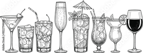 Hand Drawn Vector Engraving Style Set of Popular Cocktails and Alcoholic Drinks, Featuring Martini, Champagne, Mojito, and Wine Glasses, Ideal for Bar Menu and Party Graphics