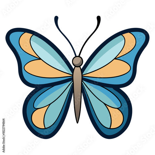 Blue and orange butterfly illustration with dark outline Keywords: butterfly, insect, blue, light blue, orange, yellow, grey, black outline, wings