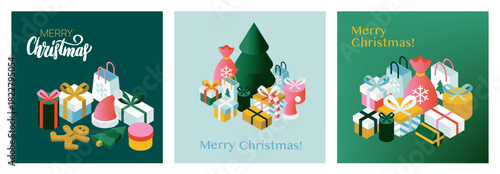 Merry Christmas Isometric Greeting Cards Set. Vector Illustration of Isomerty Winter Objects. Seasonal Greetings. Santa Claus and Happy New Year Concept.