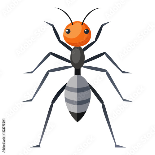 Cartoon orange headed black ant with grey segmented abdomen on white background insect illustration