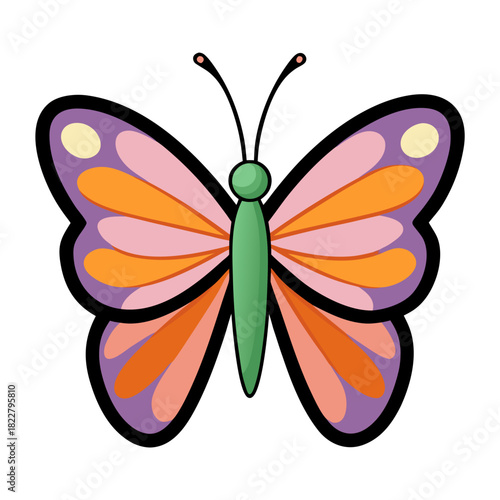 Purple pink and orange butterfly illustration with dark outline Keywords: butterfly, insect, purple, pink, orange, yellow, green, black outline
