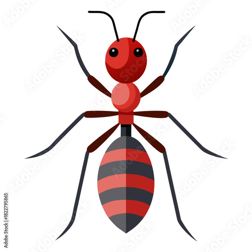 Red headed black ant with red and black striped abdomen on white background insect cartoon