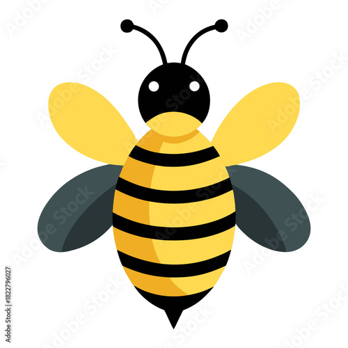 Stylized cartoon bee with black head and yellow striped body on white background Keywords: bee, insect, cartoon, illustration, yellow, black