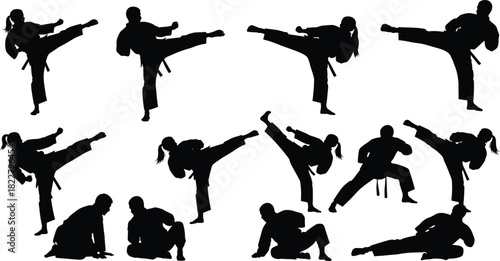 Martial Arts Silhouette Vector Set of High Kicks and Ground Positions, Featuring Male and Female Karate or Taekwondo Fighters, Ideal for Sports, Fitness, and Combat Training Graphics