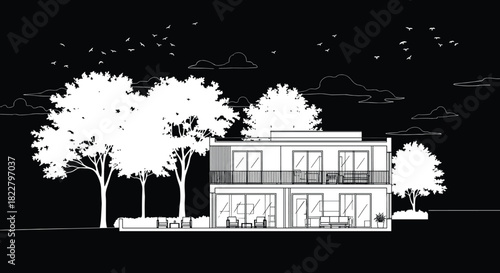 Modern Container House Vector Illustration, Black and White Monochromatic Section View of Contemporary Prefabricated Home, Modular Building Design with 