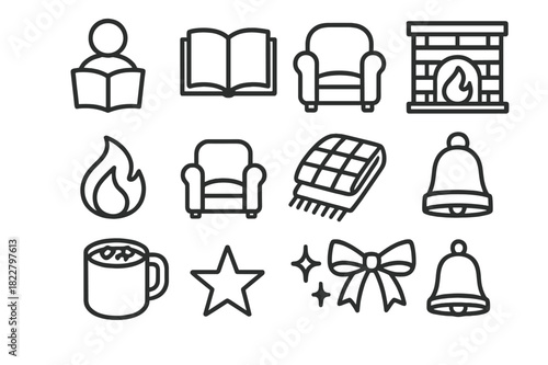 Cozy Winter Icons. Winter Reading by Fire. Line outline icon set of Winter Reading by Fire: person, open book,