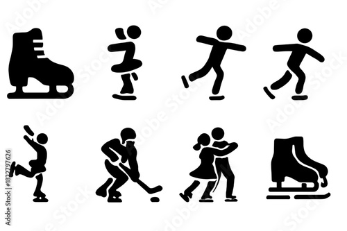 Ice Skating Icons. Ice skating. Filled icon set of ice skating: ice skates, skater spinning, skater jumping,