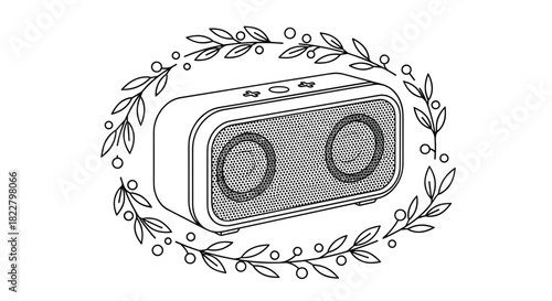 Portable bluetooth speaker with floral wreath for music festival or coloring book vector design