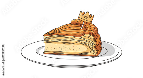Slice of Epiphany cake with paper crown for traditional French holiday menu vector illustration