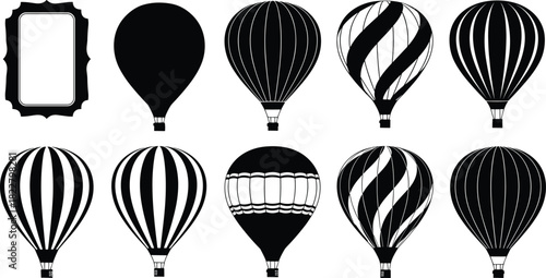 Set of black and white hot air balloon vector silhouettes with a decorative vintage frame, perfect for travel, adventure, childhood themes, and retro festival graphics