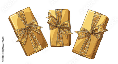 Three golden gift boxes with ribbons for Christmas Epiphany or Annunciation holiday vector design