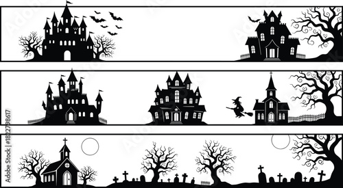 WSet of black silhouette Halloween vector banners featuring haunted castles, spooky dead trees, flying bats, a witch, and a graveyard, ideal for party invitations and headers