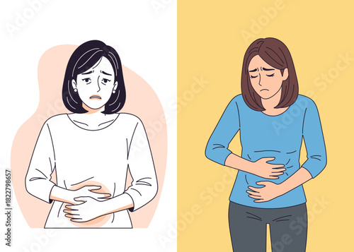 Sad woman holding stomach in pain for healthcare and digestion problem concept vector illustration