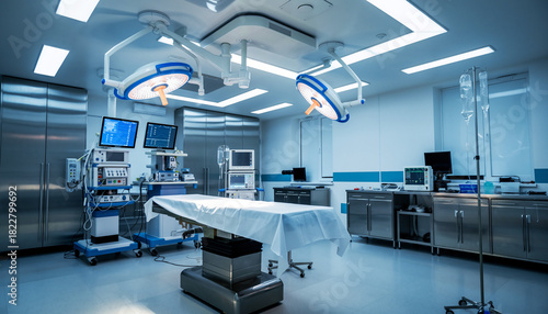 A sterile hospital operating room with advanced medical equipment and a central surgical table viewed from a slight angle.