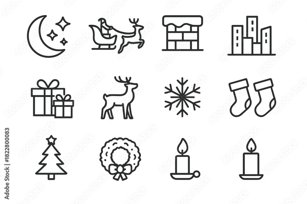 Naklejka premium Christmas Icons Collection. Christmas Eve. Line outline icon set of Christmas Eve: moon, stars, Santa sleigh,