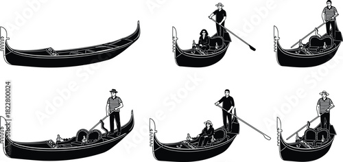 Set of black silhouette vector illustrations featuring traditional Venetian gondolas with gondoliers and passengers, representing Italy, tourism, and romantic travel destinations