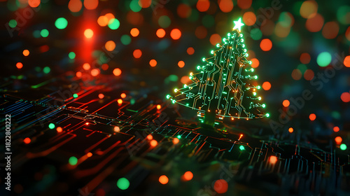 Festive digital Christmas tree with brilliant circuits