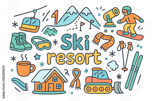 Ski Resort Doodle. Ski resort. Hand-drawn doodle illustration of ski resort. Chair lift, ski slopes, snow