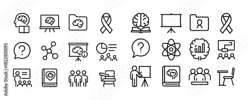Set of education and science icons: brain, charts, and question marks