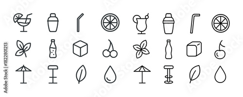 Cocktail icons set: glasses, fruits, straws, shakers, ingredients