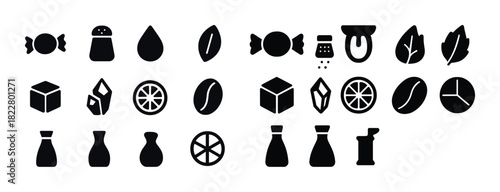 Set of black food and beverage icons including candy, coffee, salt, and citrus