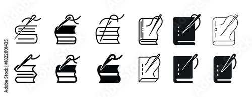 Set of 12 sewing and embroidery icons with books and needles