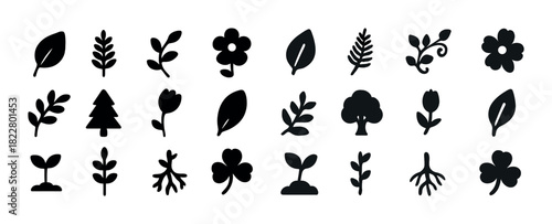 Collection of black plant and leaf icons on white background