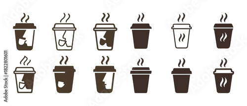 Coffee cup icons set with puzzle pieces in varied designs and colors
